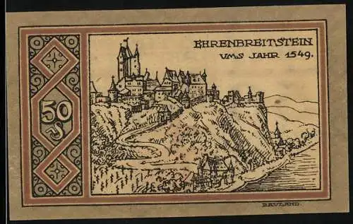 Notgeld Ehrenbreitstein 1921, 50 Pfennig, Ortsansicht ums Jahr 1549
