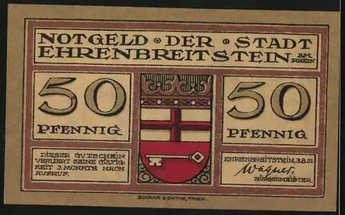 Notgeld Ehrenbreitstein 1921, 50 Pfennig, Ortsansicht ums Jahr 1549