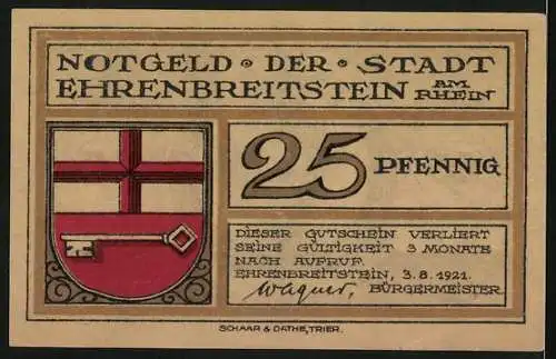 Notgeld Ehrenbreitstein 1921, 25 Pfennig, Konterfei von Clemens Brentano