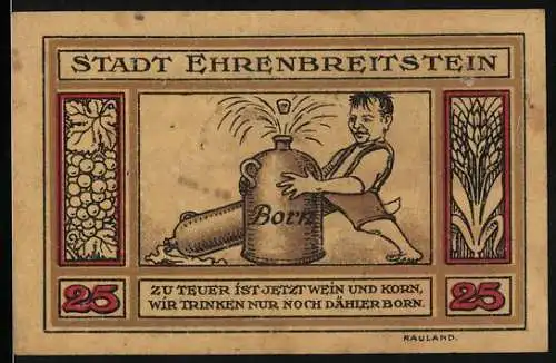 Notgeld Ehrenbreitstein 1921, 25 Pfennig, Ein grosser Krug Dähler Born