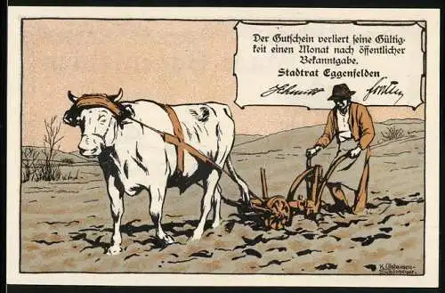 Notgeld Eggenfelden, 25 Pfennig, Jockey und Pferd beim Rennen, Bauer am Rinderpflug