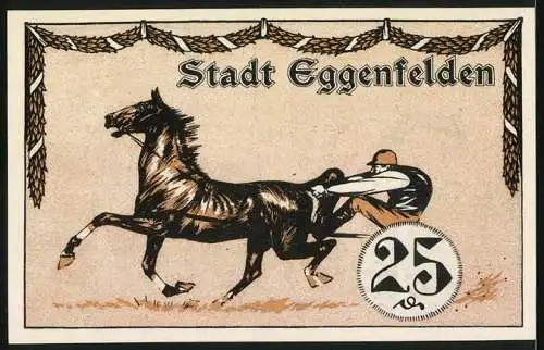 Notgeld Eggenfelden, 25 Pfennig, Jockey und Pferd beim Rennen, Bauer am Rinderpflug