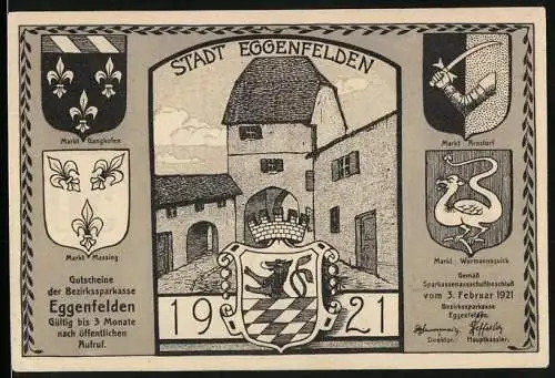 Notgeld Eggenfelden 1921, 50 Pfennig, St. Christof hilft Kind über den Fluss, Marktwappen