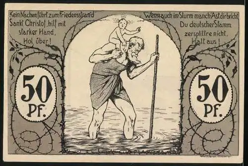 Notgeld Eggenfelden 1921, 50 Pfennig, St. Christof hilft Kind über den Fluss, Marktwappen