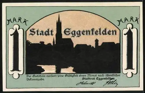 Notgeld Eggenfelden, 1 Mark, Silhouette der Stadt, Löwe mit Gewehr