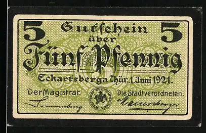 Notgeld Eckartsberga 1921, 5 Pfennig, Preussengedicht