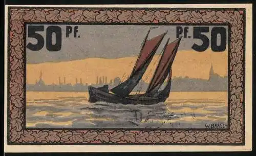 Notgeld Eckernförde 1921, 50 Pfennig, Segelboot vor der Stadt