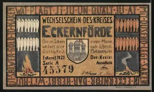 Notgeld Eckernförde 1921, 50 Pfennig, Segelboot vor der Stadt