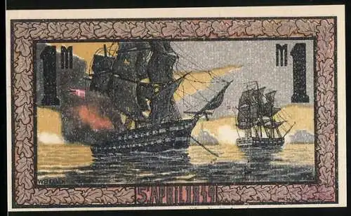 Notgeld Eckernförde 1921, 1 Mark, Seeschlacht mit dänischen Schiffen 1849