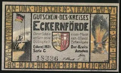 Notgeld Eckernförde 1921, 1 Mark, Seeschlacht mit dänischen Schiffen 1849