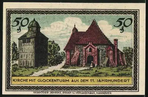 Notgeld Visselhövede i. Hann., 50 Pfennig, Kirche mit Glockenturm aus dem 11. Jahrhundert