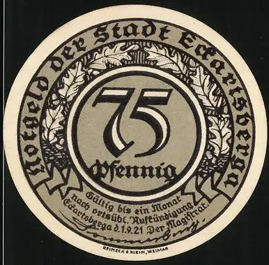 Notgeld Eckartsberga 1921, 75 Pfennig, Konterfei Bismarcks