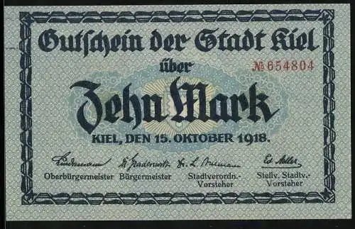 Notgeld Kiel 1918, 10 Mark, Ortsansicht mit Kirchturm