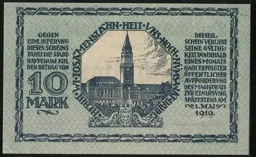 Notgeld Kiel 1918, 10 Mark, Ortsansicht mit Kirchturm