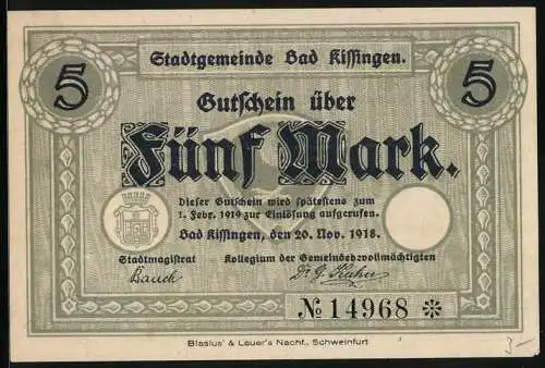 Notgeld Bad Kissingen 1918, 5 Mark, Kontroll-Nr. 14968