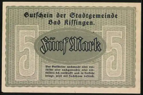 Notgeld Bad Kissingen 1918, 5 Mark, Kontroll-Nr. 14968