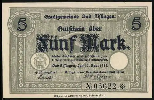 Notgeld Bad Kissingen 1918, 5 Mark, Kontroll-Nr. 05622