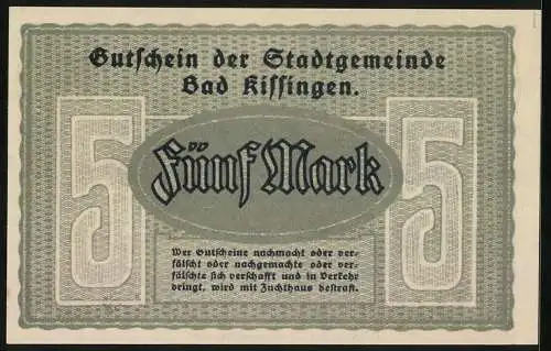 Notgeld Bad Kissingen 1918, 5 Mark, Kontroll-Nr. 05622