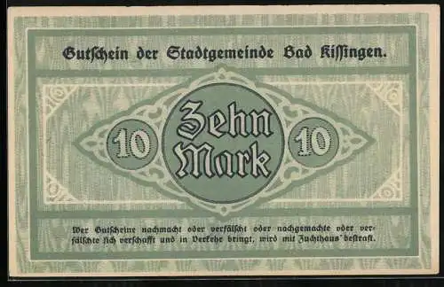 Notgeld Bad Kissingen 1918, 10 Mark, Kontroll-Nr. 33763