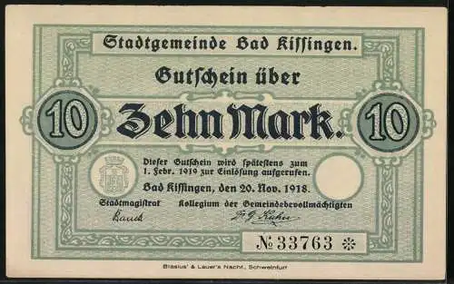 Notgeld Bad Kissingen 1918, 10 Mark, Kontroll-Nr. 33763