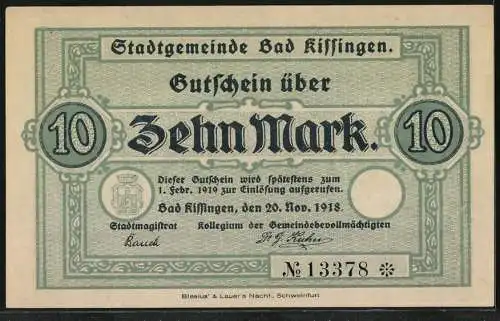 Notgeld Bad Kissingen 1918, 10 Mark, Kontroll-Nr. 13378