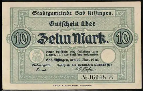 Notgeld Bad Kissingen 1918, 10 Mark, Kontroll-Nr. 36948