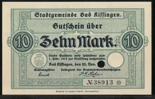 Notgeld Bad Kissingen 1918, 10 Mark, Kontroll-Nr. 38913