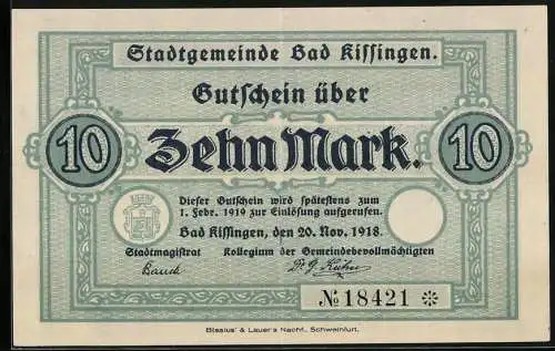 Notgeld Bad Kissingen 1918, 10 Mark, Kontroll-Nr. 18421