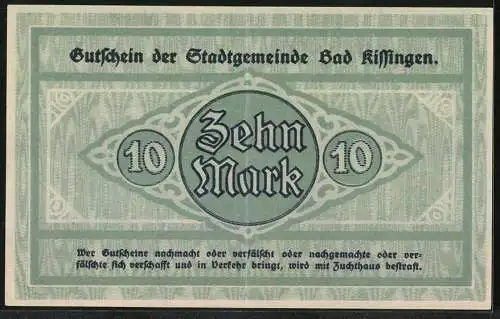 Notgeld Bad Kissingen 1918, 10 Mark, Kontroll-Nr. 18421