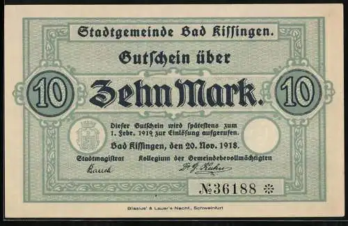 Notgeld Bad Kissingen 1918, 10 Mark, Kontroll-Nr. 36188