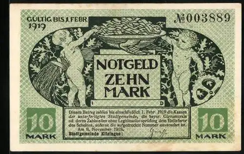 Notgeld Kitzingen 1918, 10 Mark, Zwei Kinder greifen in eine Schüssel mit Notgeldscheinen