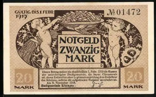 Notgeld Kitzingen 1918, 20 Mark, Zwei Kinder greifen in eine Schüssel mit Notgeldscheinen