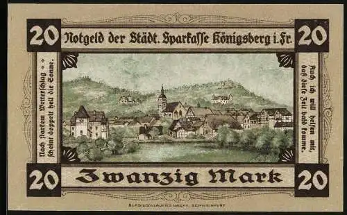 Notgeld Königsberg i. Fr. 1918, 20 Mark, Ortsansicht mit zentraler Kirche