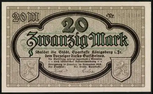 Notgeld Königsberg i. Fr. 1918, 20 Mark, Ortsansicht mit zentraler Kirche