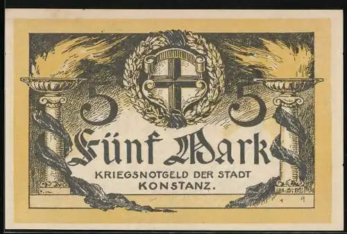 Notgeld Konstanz 1918, 5 Mark, Zwei Feuerschalen und das Wappen