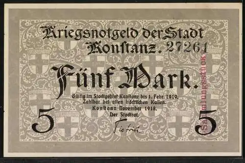 Notgeld Konstanz 1918, 5 Mark, Zwei Feuerschalen und das Wappen