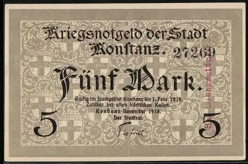 Notgeld Konstanz 1918, 5 Mark, Zwei Feuerschalen auf Säulen und das Wappen