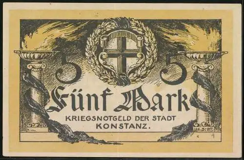 Notgeld Konstanz 1918, 5 Mark, Zwei Feuerschalen auf Säulen und das Wappen