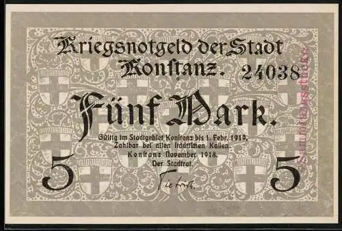 Notgeld Konstanz 1918, 5 Mark, Zwei Feuerschalen und das Stadtwappen