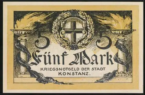 Notgeld Konstanz 1918, 5 Mark, Zwei Feuerschalen und das Stadtwappen
