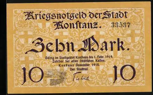 Notgeld Konstanz 1918, 10 Mark, Ortsansicht vom Bodensee aus