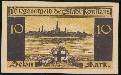 Notgeld Konstanz 1918, 10 Mark, Ortsansicht vom Bodensee aus
