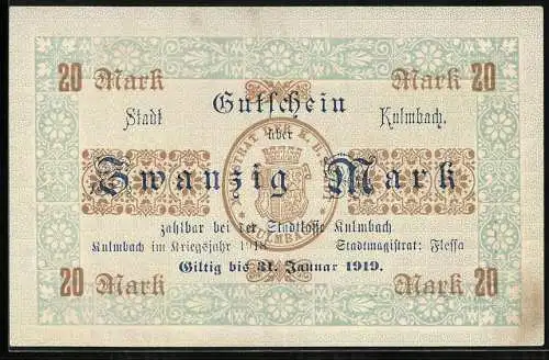 Notgeld Kulmbach 1918, 20 Mark, Ortsansicht mit der Burg