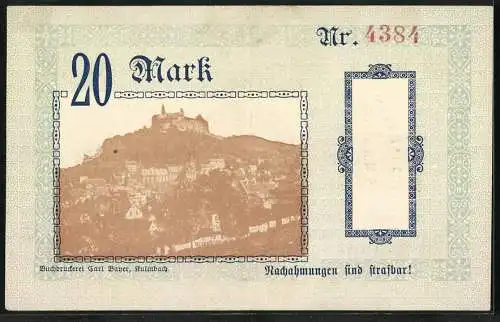 Notgeld Kulmbach 1918, 20 Mark, Burg über der Stadt