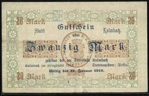 Notgeld Kulmbach 1918, 20 Mark, Ortsansicht mit der Burg auf dem Berg