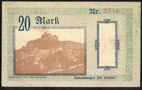 Notgeld Kulmbach 1918, 20 Mark, Ortsansicht mit der Burg auf dem Berg