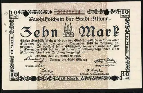 Notgeld Altona 1918, 10 Mark, Monogramm aus Stadtwappen im Hintergrund