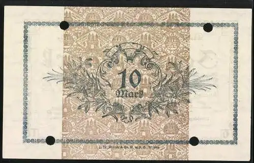 Notgeld Altona 1918, 10 Mark, Monogramm aus Stadtwappen im Hintergrund