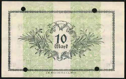 Notgeld Altona 1918, 10 Mark, Zwei Monogrammstreifen im Hintergrund