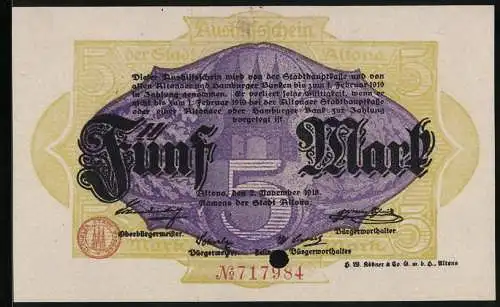 Notgeld Altona 1918, 5 Mark, Das Wappen im Hintergrund